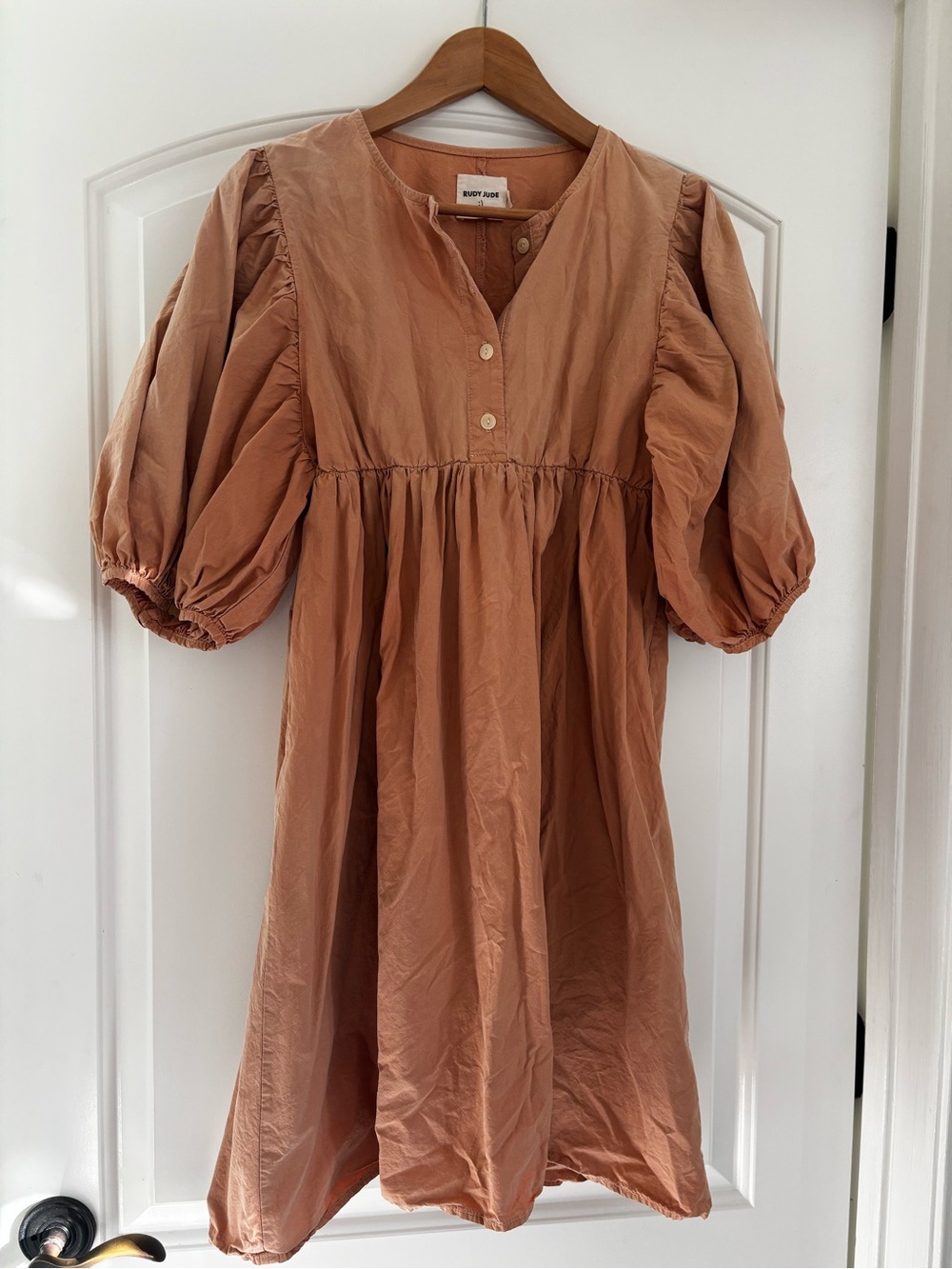 Rudy Jude Rust-Tan Puff Sleeve Smock Dress - Picture 2 of 8